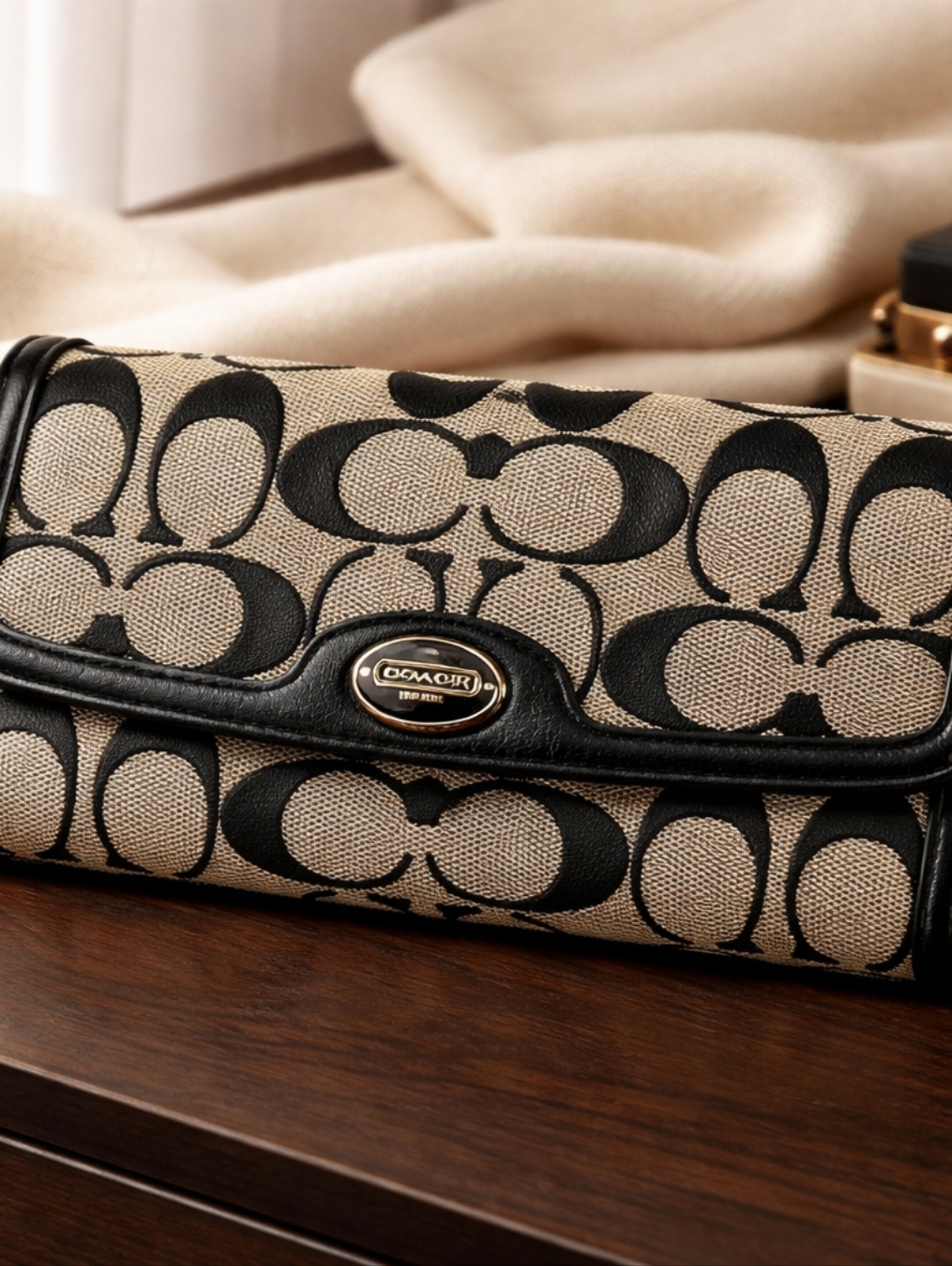 Coach Beige And Black Signature Canvas Clutch